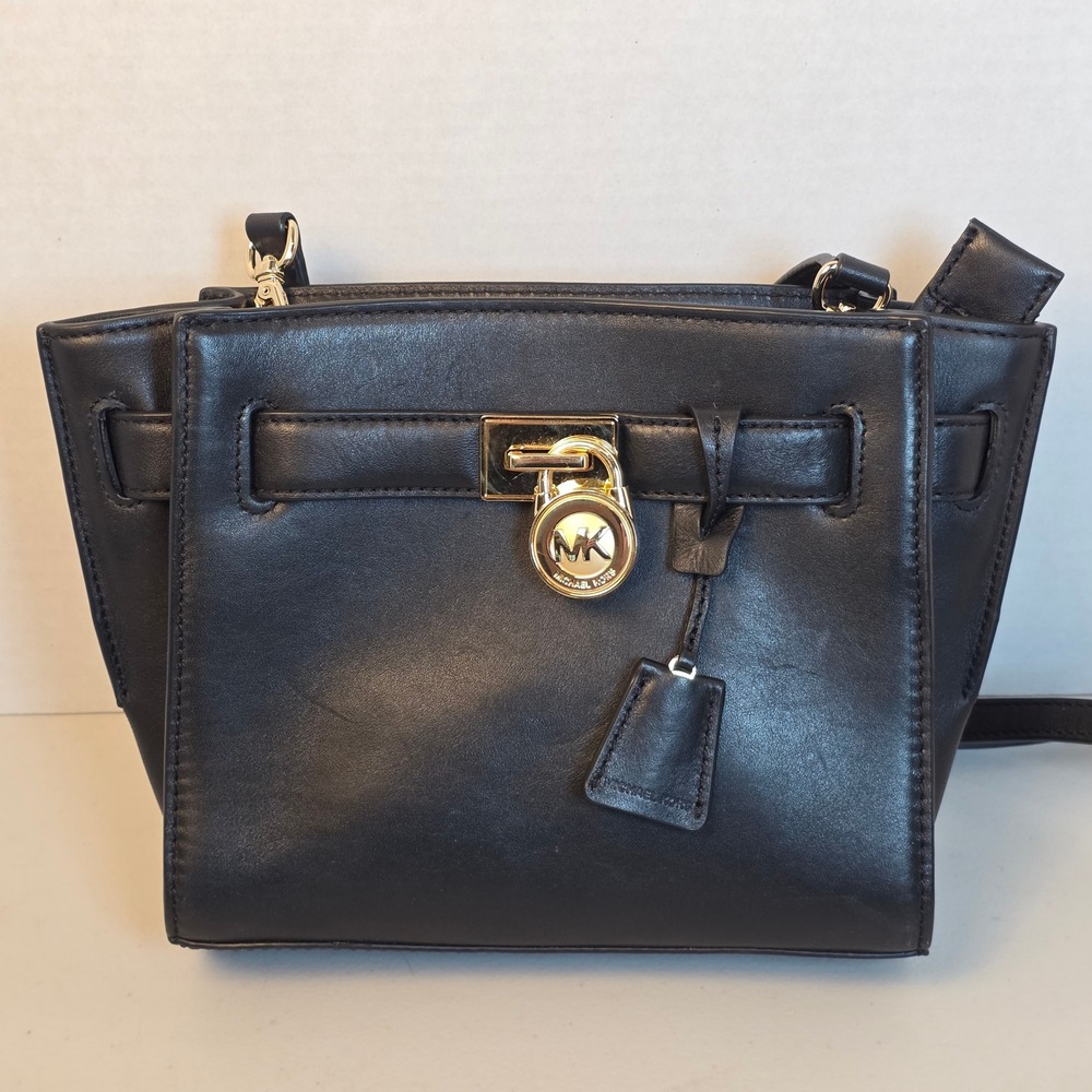 Michael‎ Kors Hamilton Black Leather Satchel Crossbody Bag Gold Padlock Charm